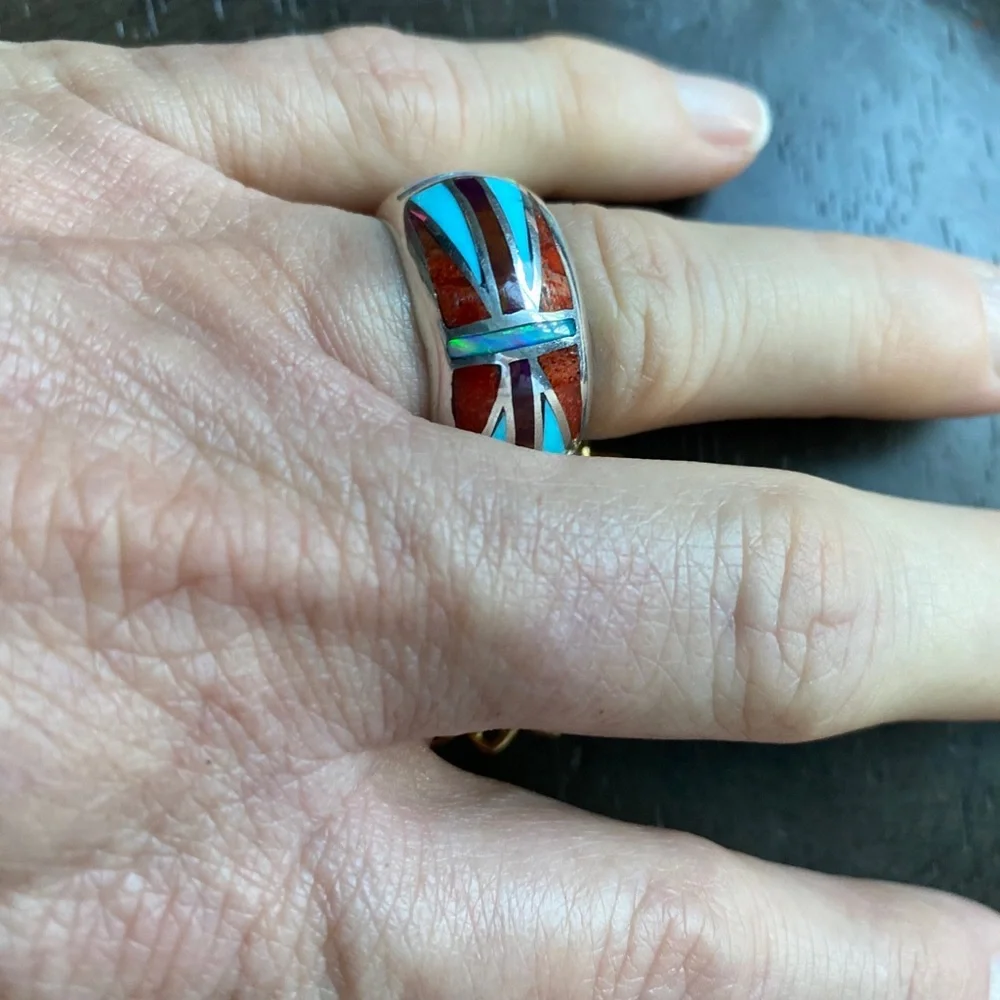 Turquoise Coral Opal Inlayed Sterling Silver Band Ring size 9 - Picture 5 of 6